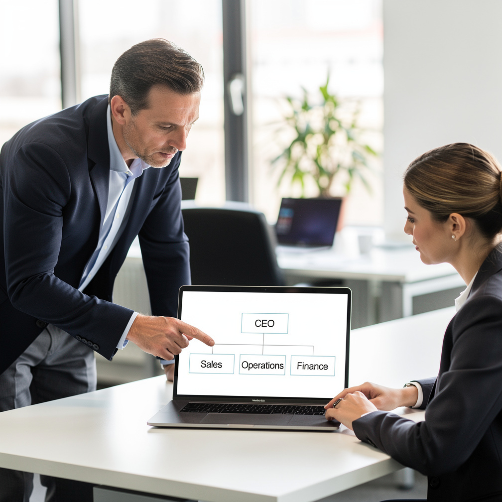 Consultant explaining an organizational chart to a colleague